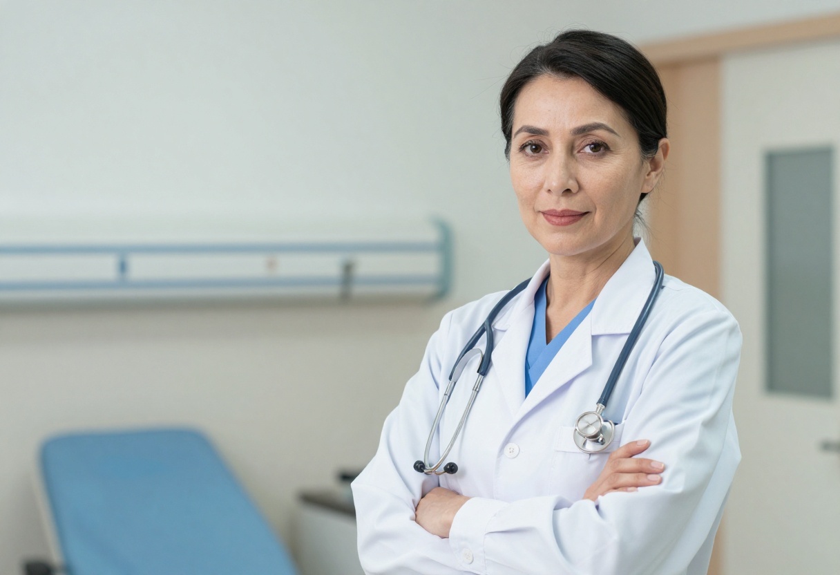 Professional mature doctor in medical setting with caring expression