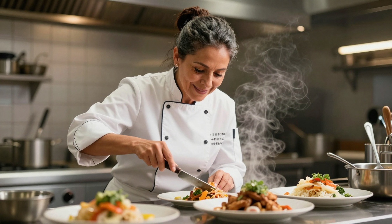 Mature woman chef cooking in professional kitchen with warm lighting