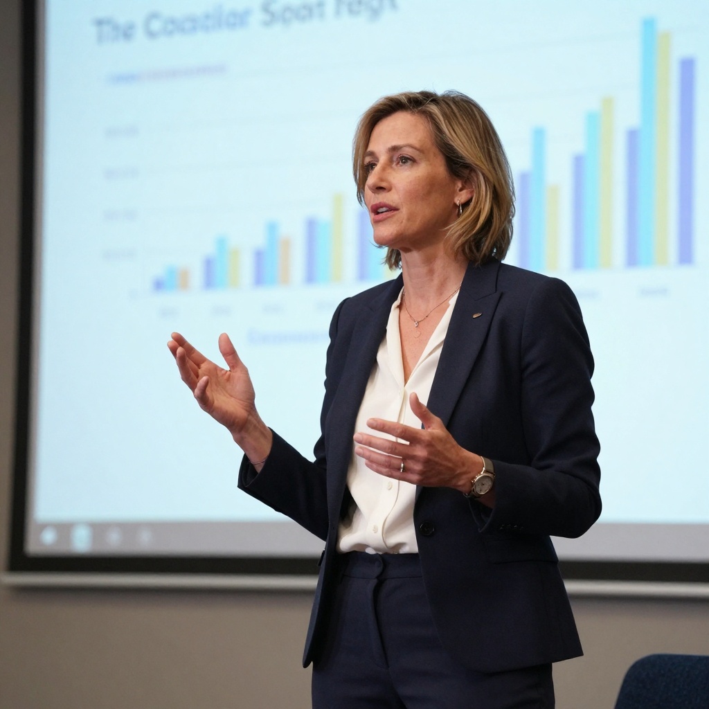 Mature woman entrepreneur presenting at professional conference