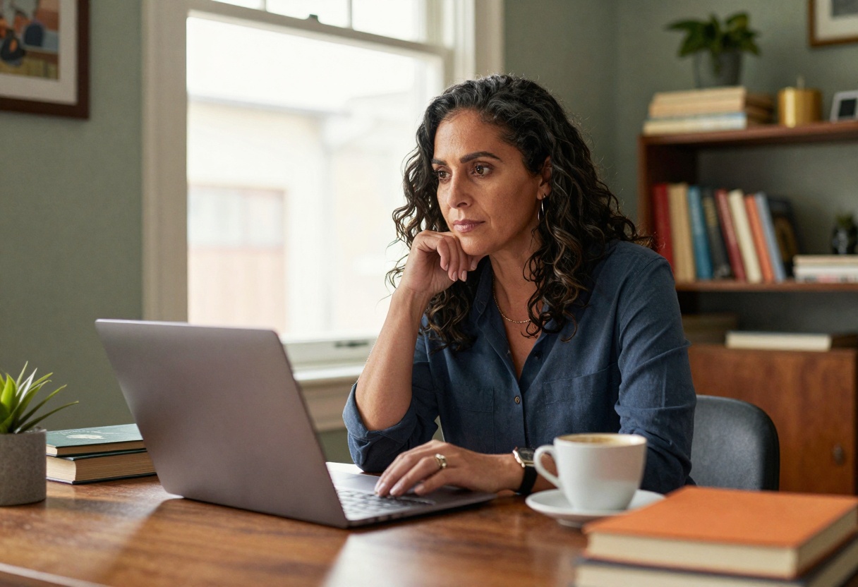Mature woman writer working in cozy home office with natural light