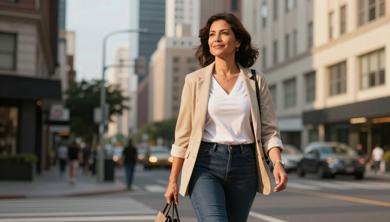 Mature woman walking confidently in urban street setting at golden hour