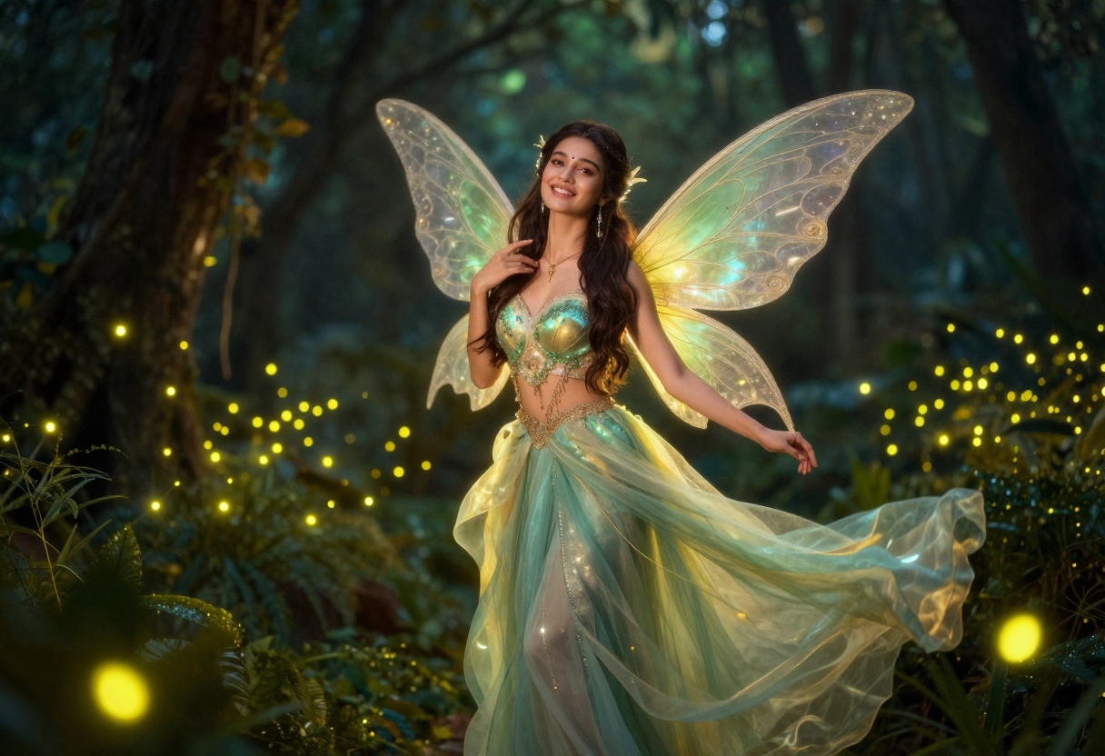 Fairy woman with wings in mystical garden