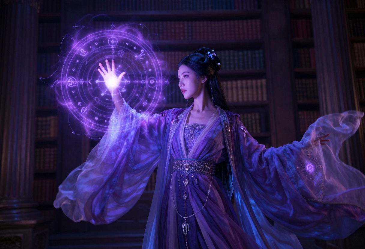 Mystical sorceress casting spell in ancient library
