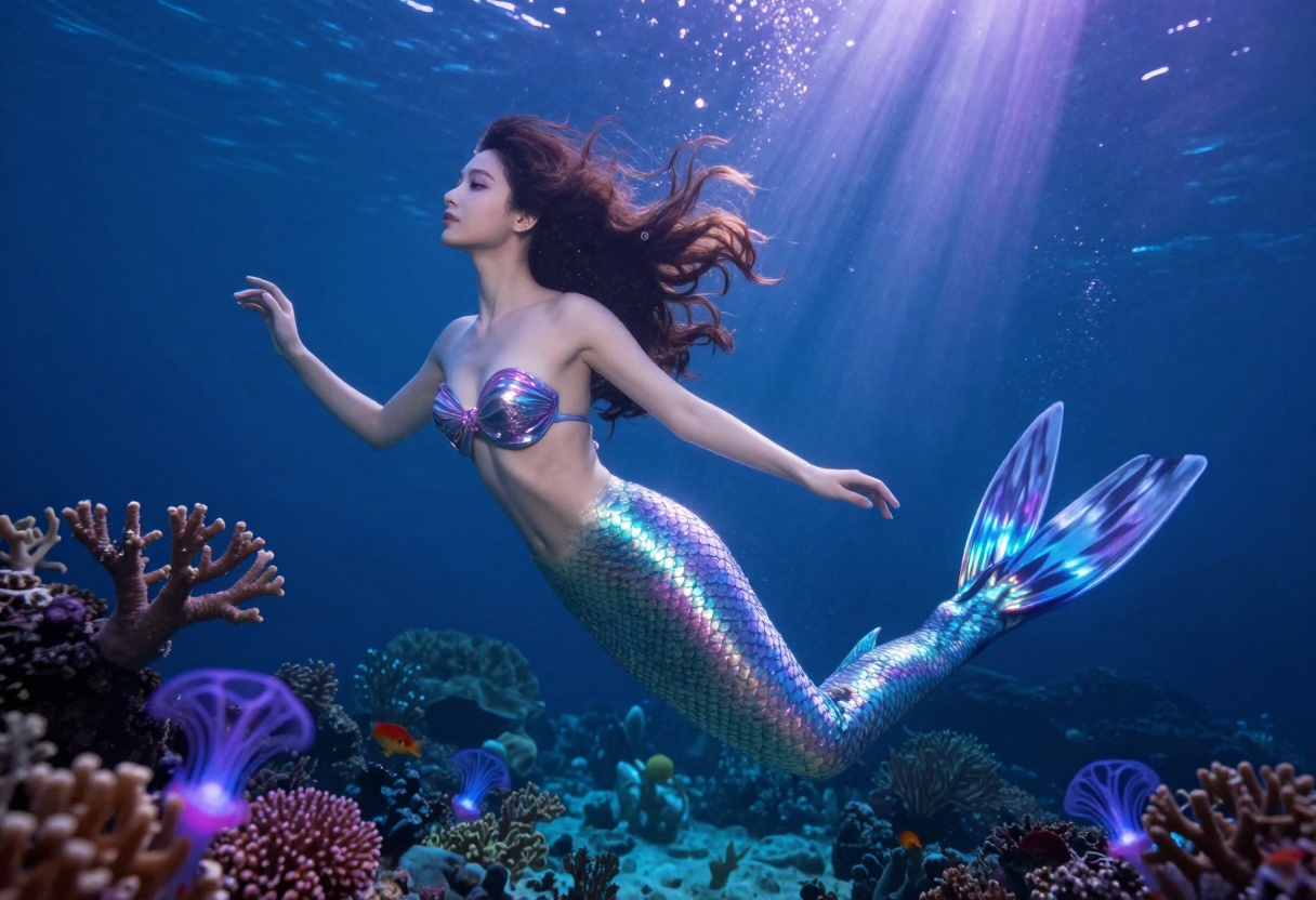 Ethereal mermaid in underwater fantasy scene