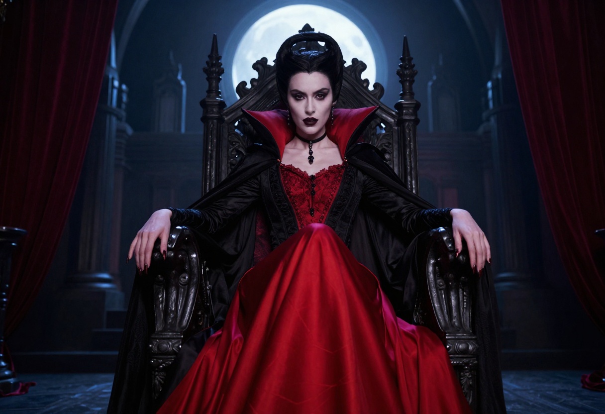 Vampire queen in moonlit castle throne room