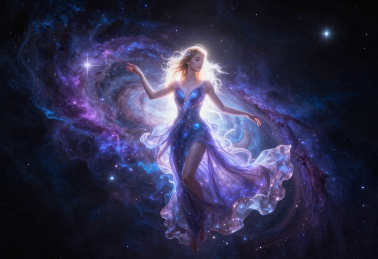 Celestial goddess among stars and nebulae