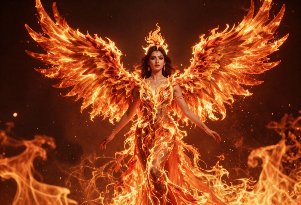 Phoenix woman with fiery wings and flames