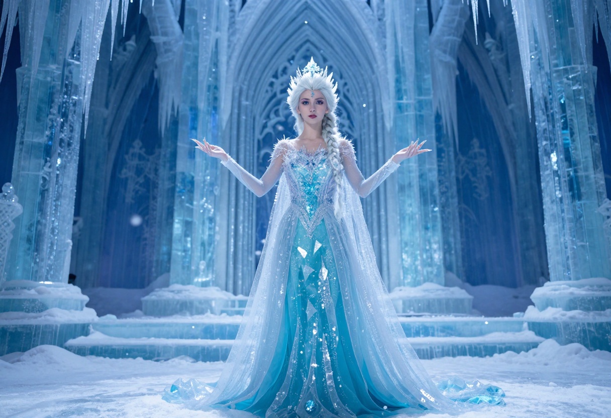 Ice queen in frozen palace with crystalline effects