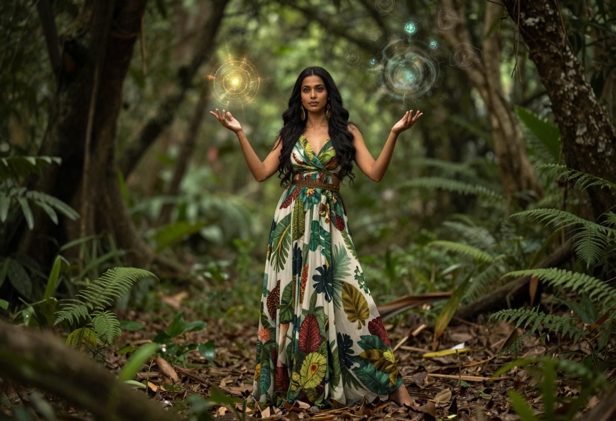 Druid woman with nature magic in ancient forest