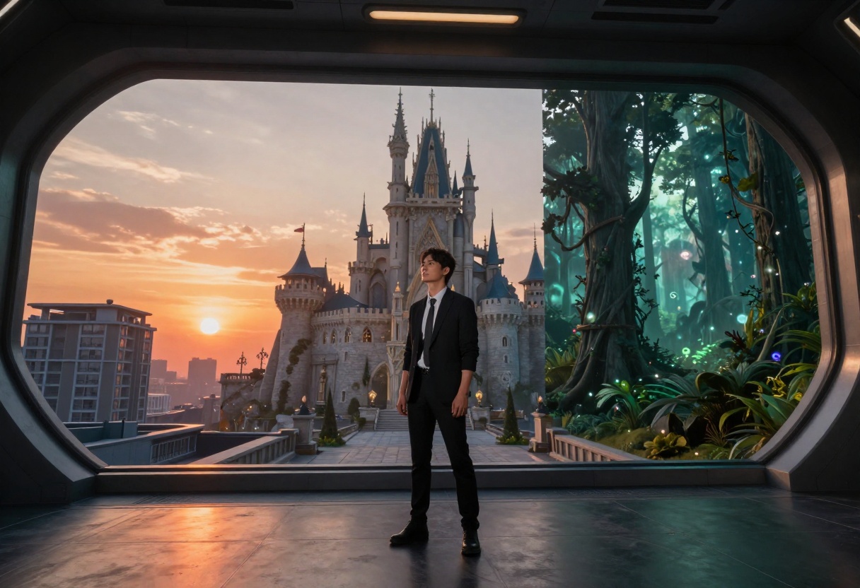 Character shown in various atmospheric backgrounds