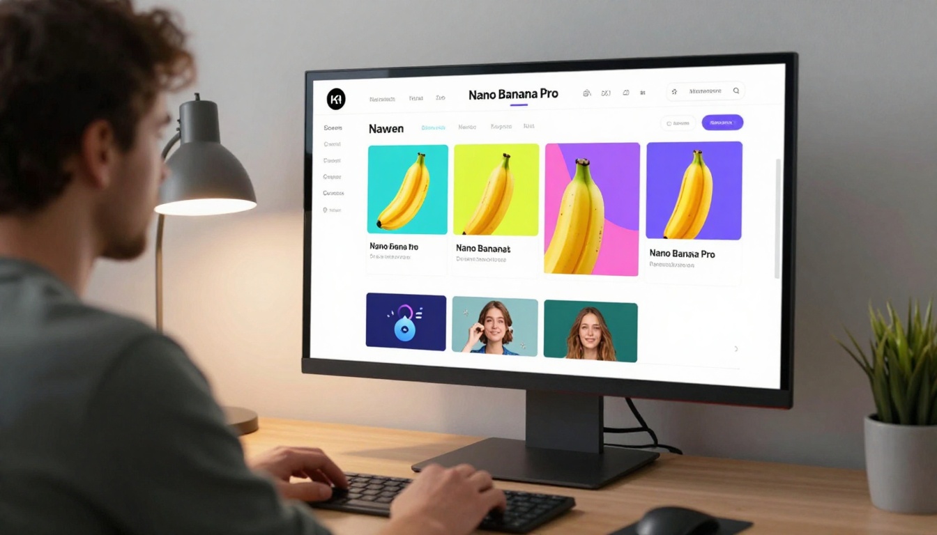 Professional workspace with AI image generation interface Professional workspace with AI image generation interface