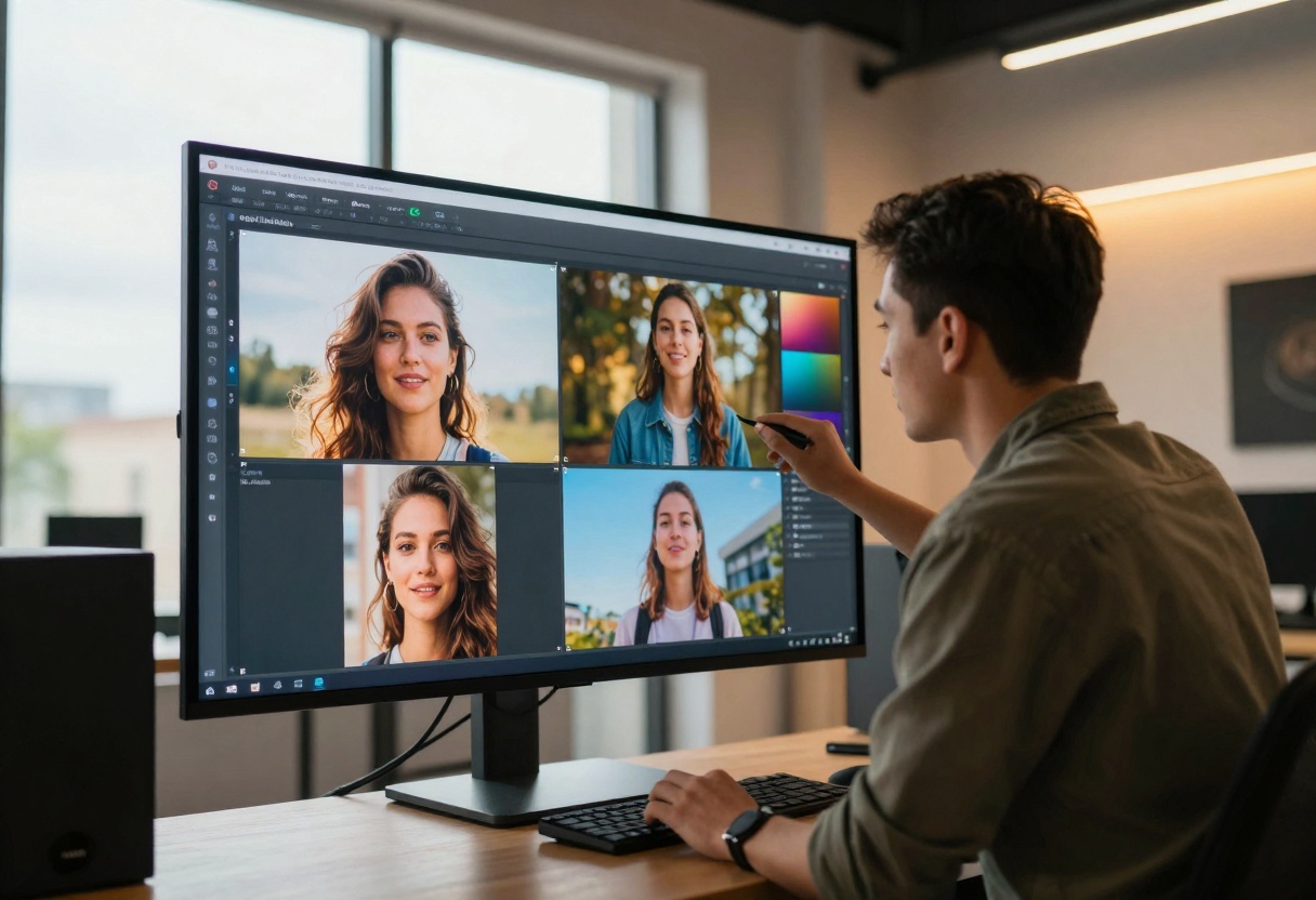 Creator reviewing generated images on touchscreen
