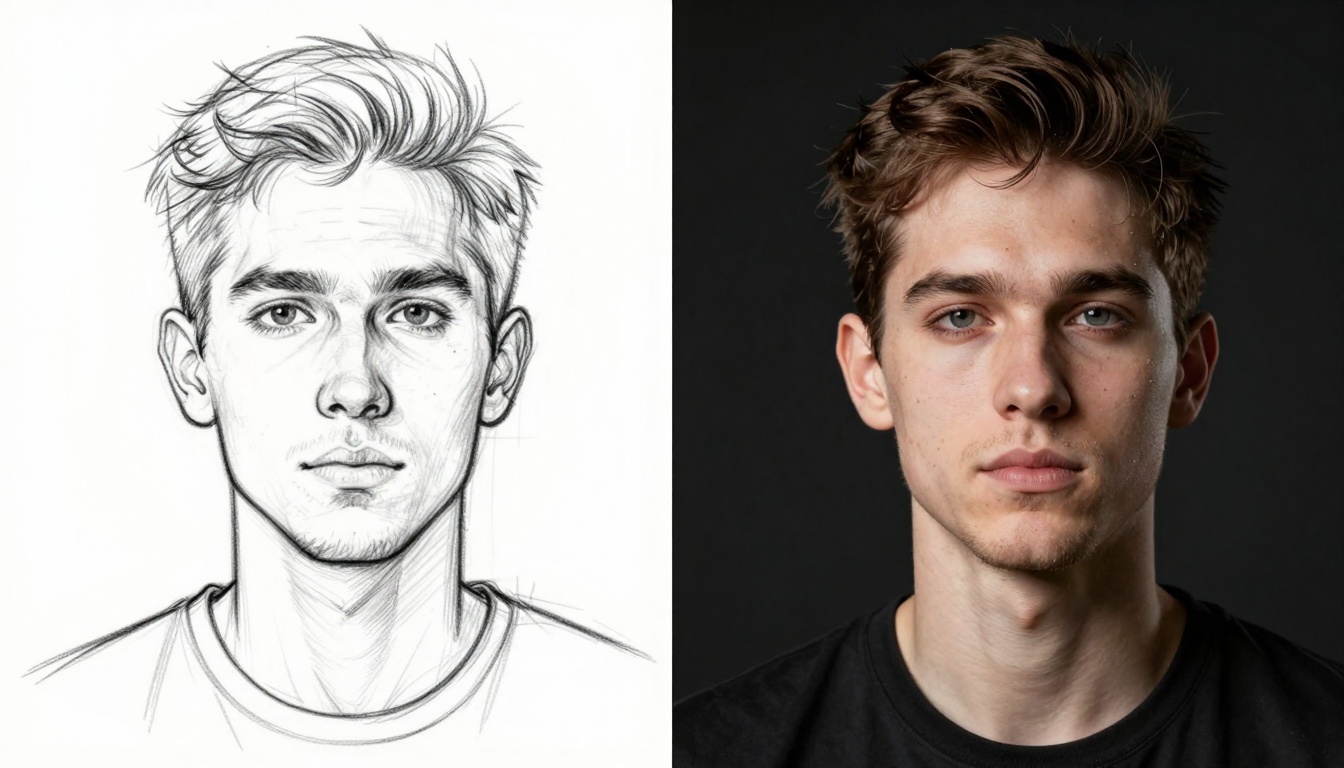 Comparison split screen showing artistic portrait generation Comparison split screen showing artistic portrait generation