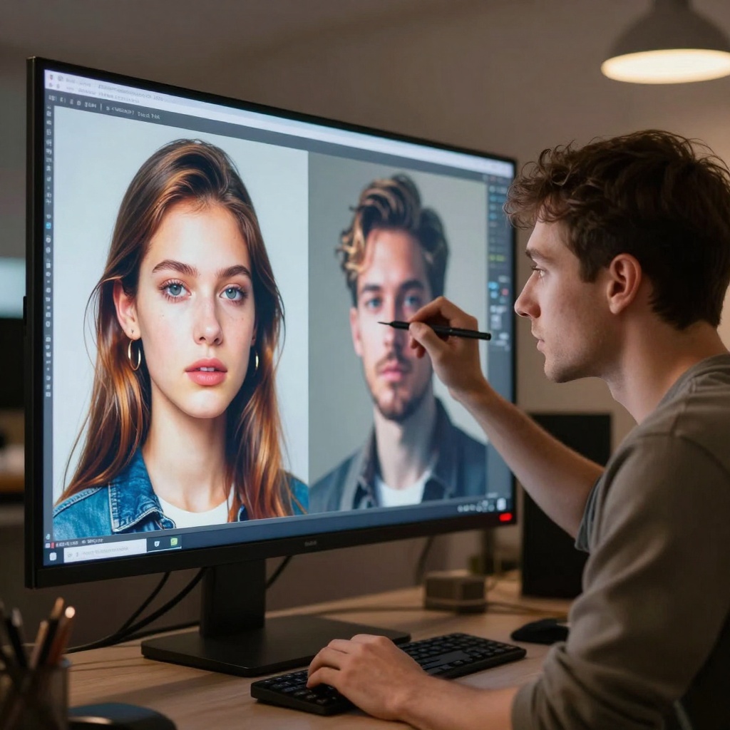 Digital artist reviewing AI-generated artistic portraits on large screen Digital artist reviewing AI-generated artistic portraits on large screen