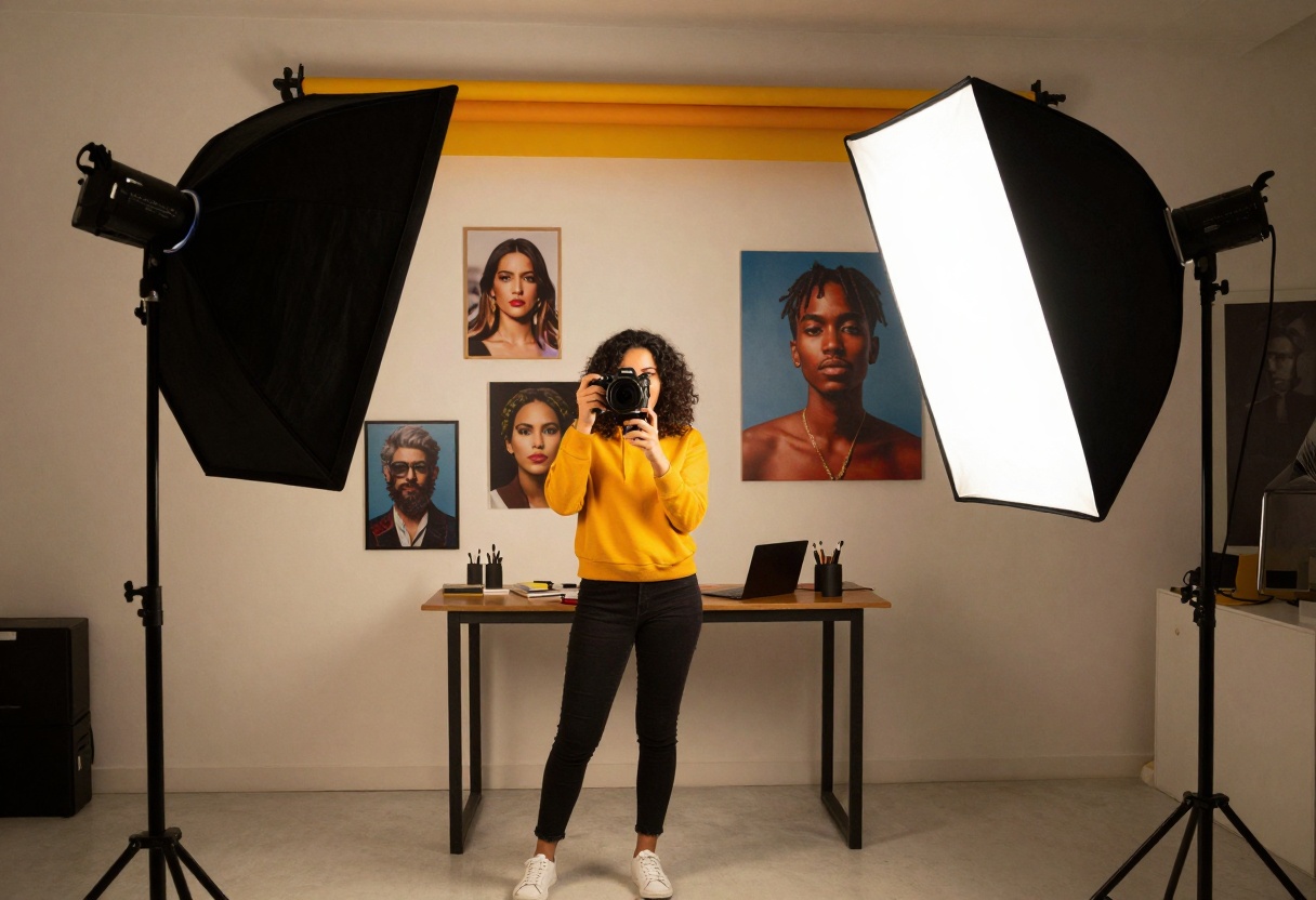 Professional photography studio setup with softbox lighting and equipment Professional photography studio setup with softbox lighting and equipment