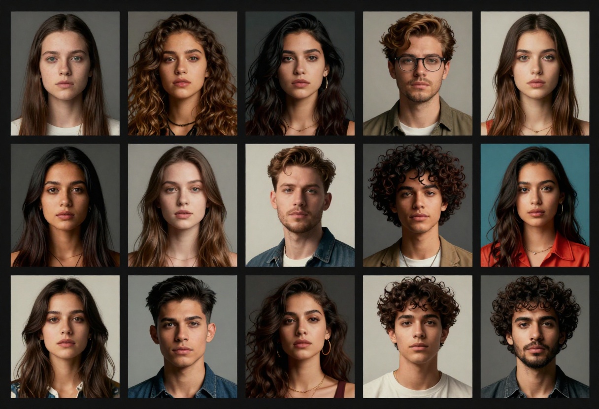 Portfolio spread showing diverse artistic portrait styles generated by AI