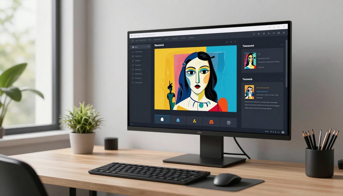 Modern creative studio with large display showing PicassoIA platform interface