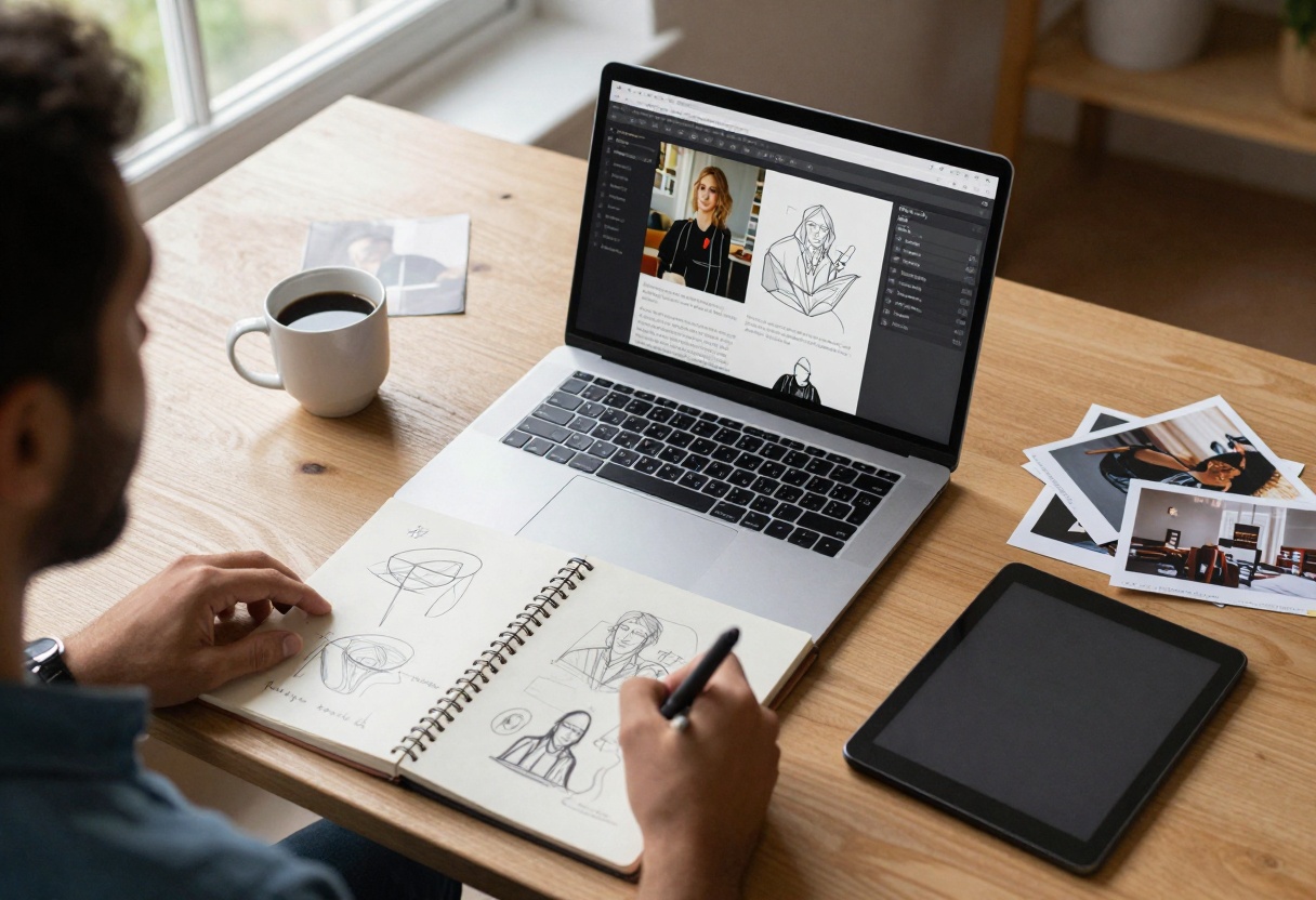 Creative professional's workspace overhead view