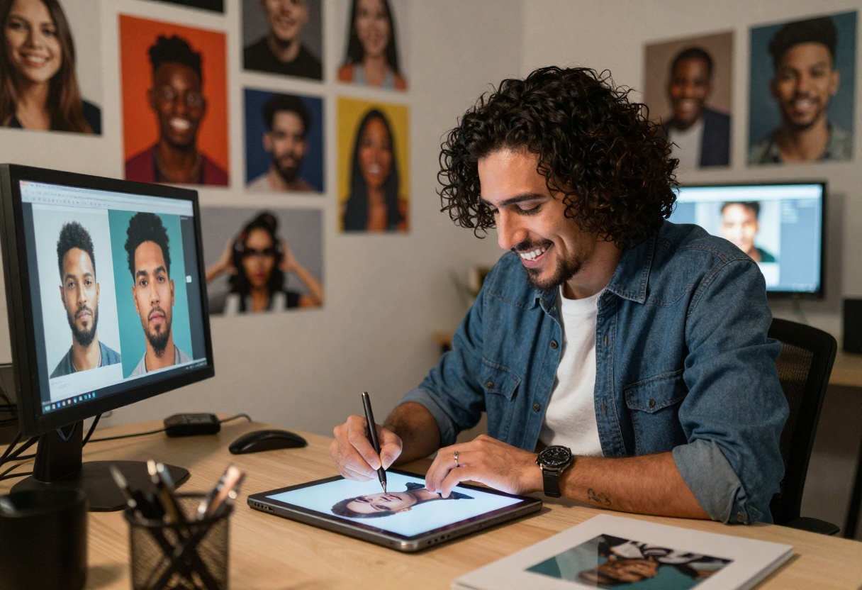 Artist working on digital tablet in studio