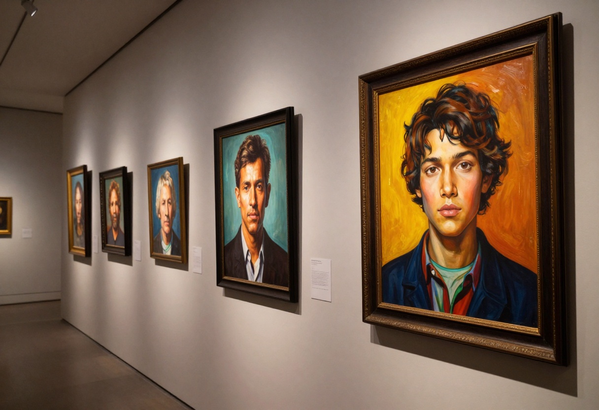 Gallery wall displaying AI-generated portraits