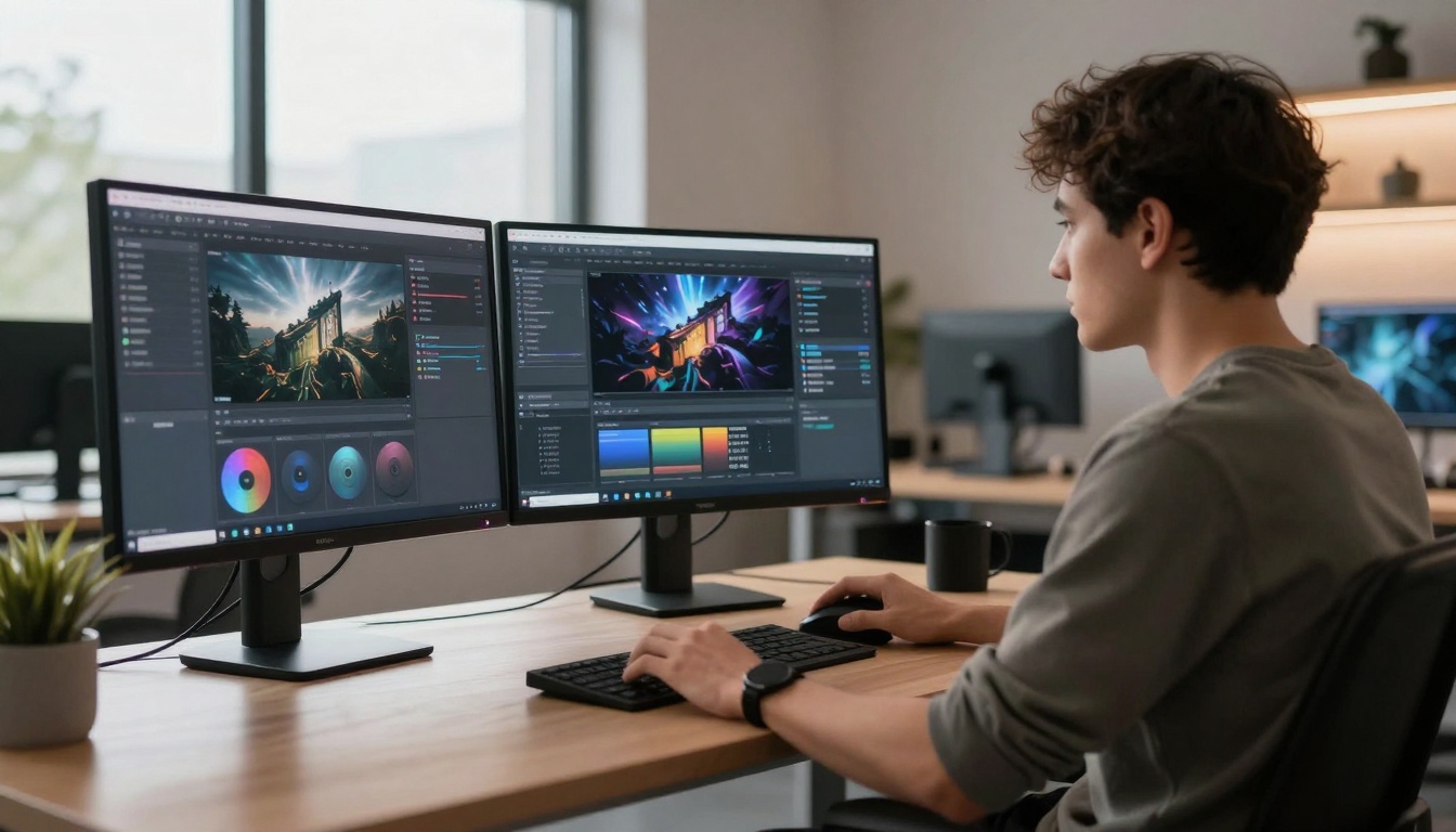Professional workspace showing multiple monitors and AI generation interface