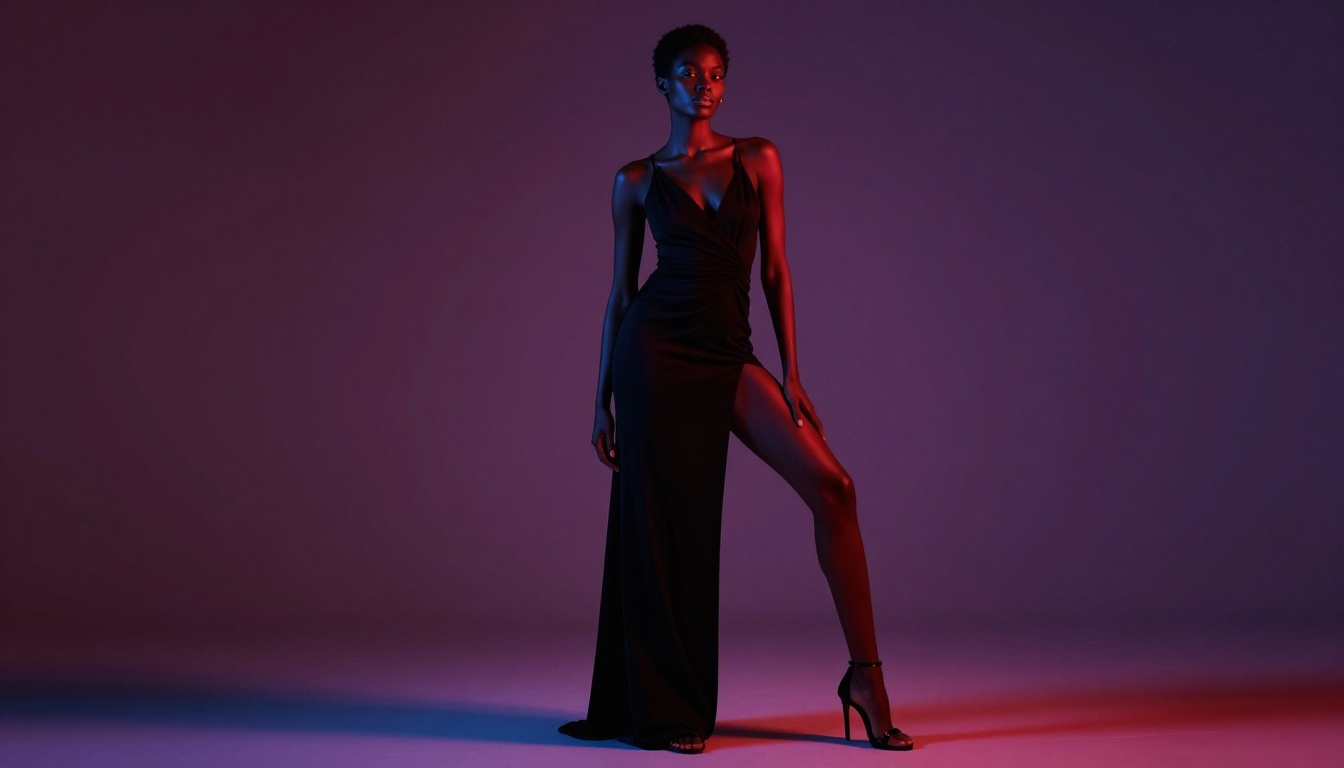Sophisticated fashion photography with dramatic poses and moody studio lighting