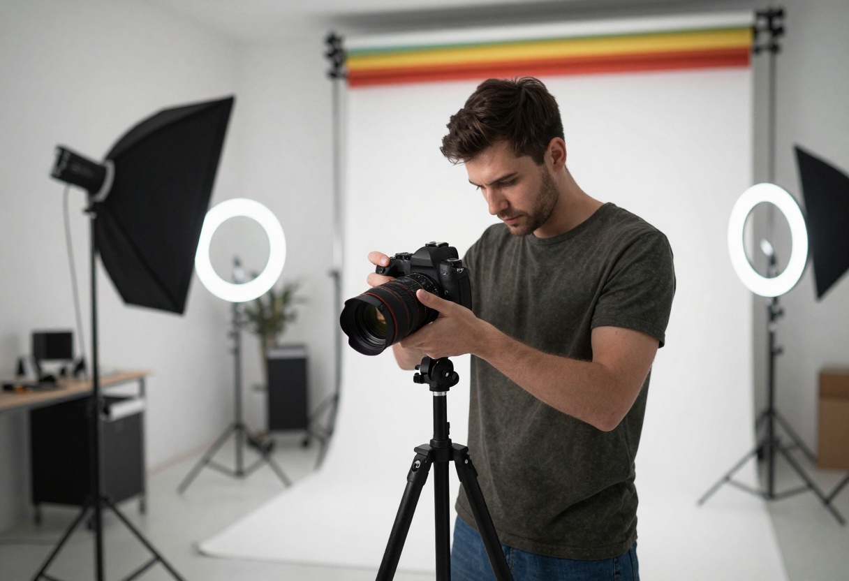 Professional photography studio setup with lighting and equipment