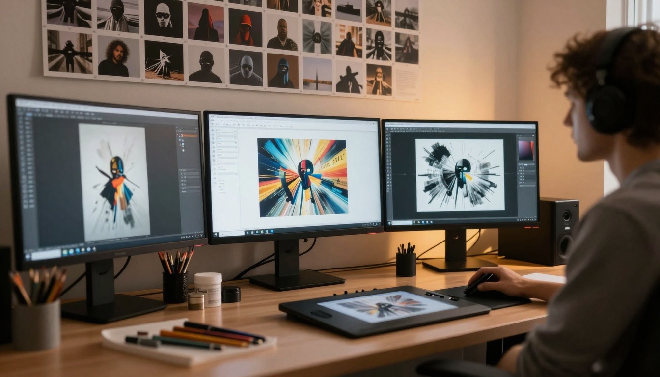 Creative studio workspace with monitors showing artistic projects
