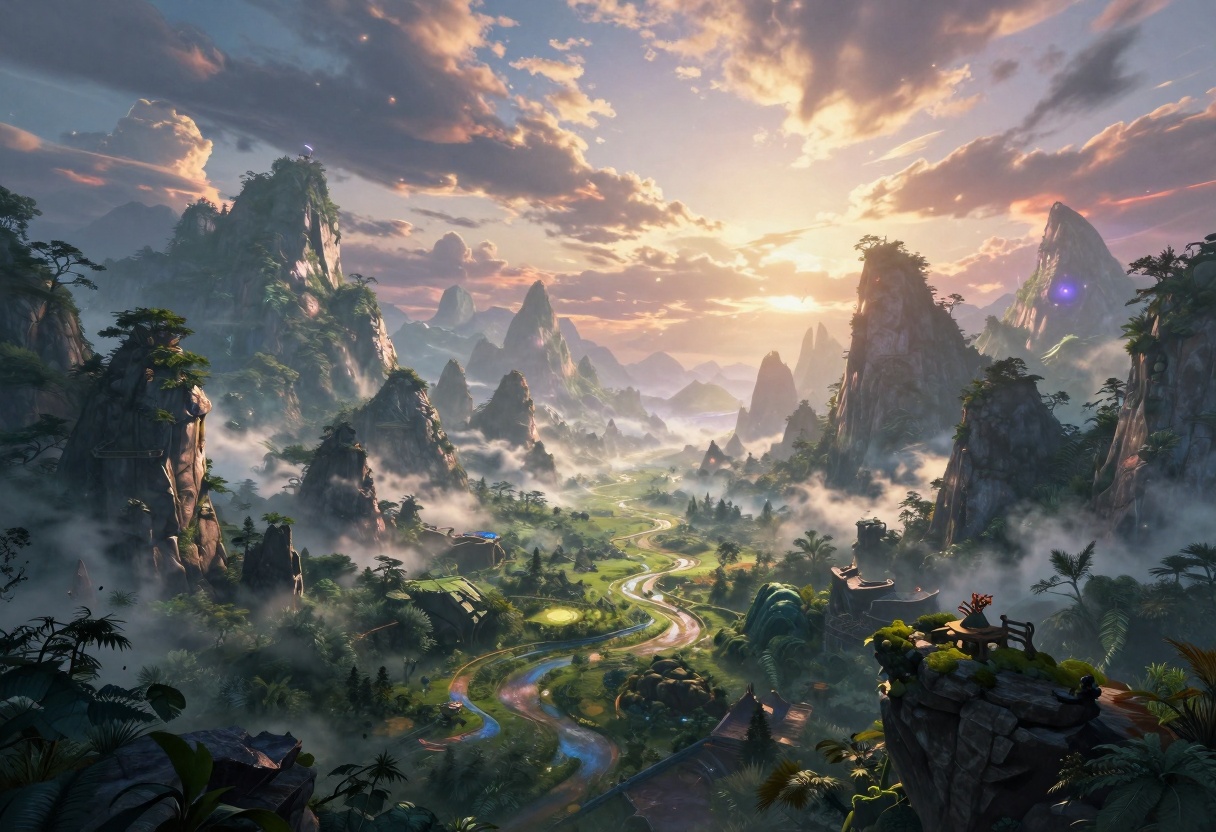 Fantasy landscape with dramatic lighting