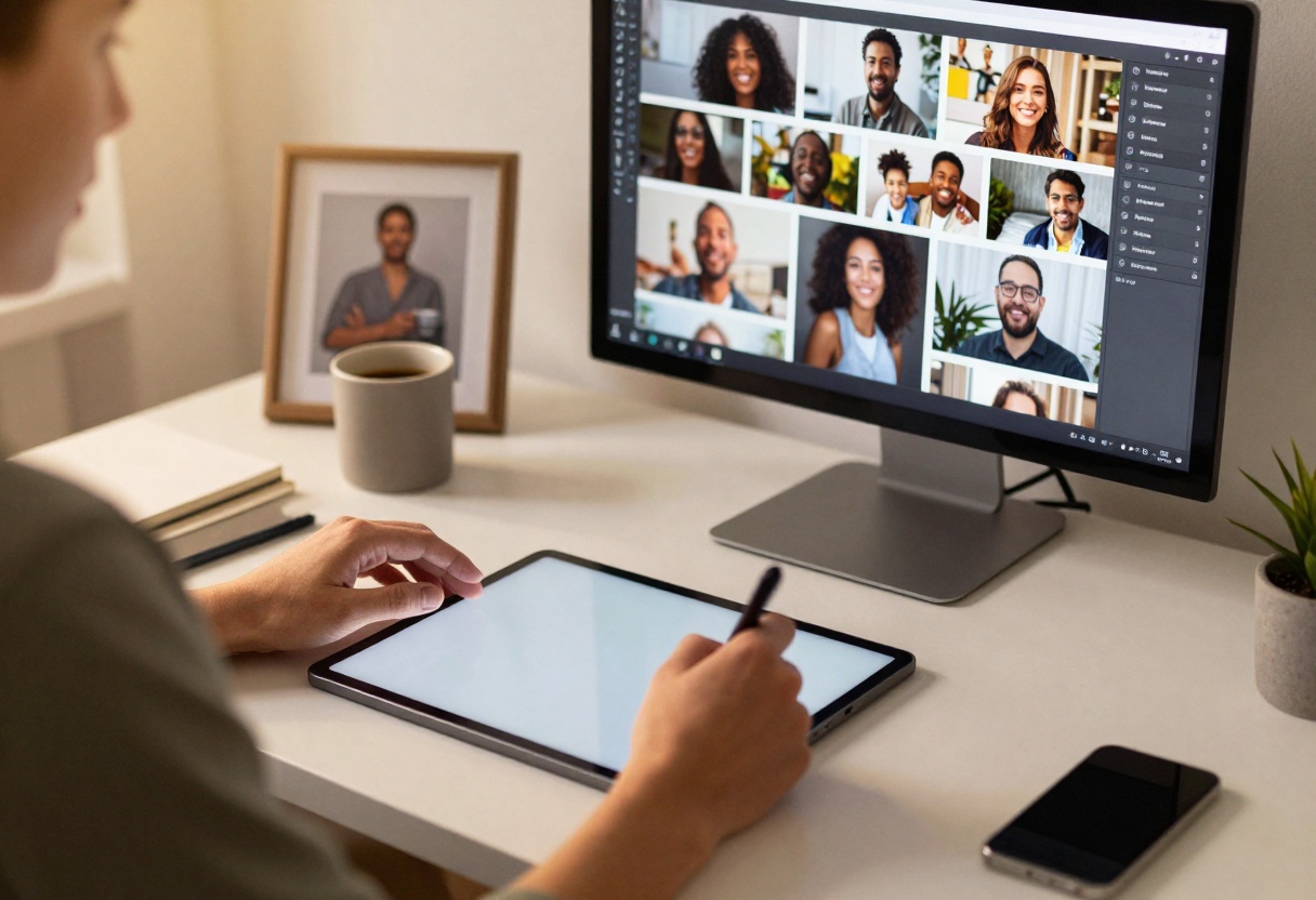 Artist working at modern desk with creative digital workspace