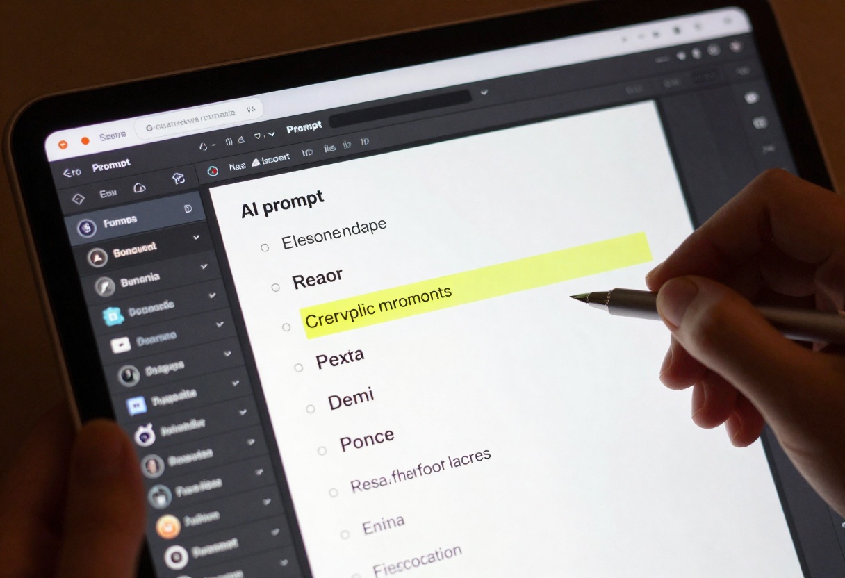 Text editor showing AI prompt examples with highlighted keywords
