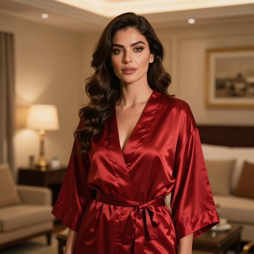 Woman in elegant red satin robe in luxury hotel room