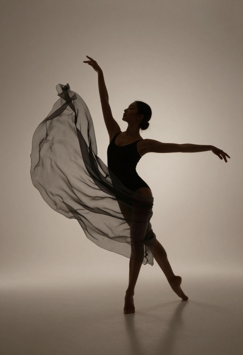 Woman in flowing fabric with backlighting and silhouette