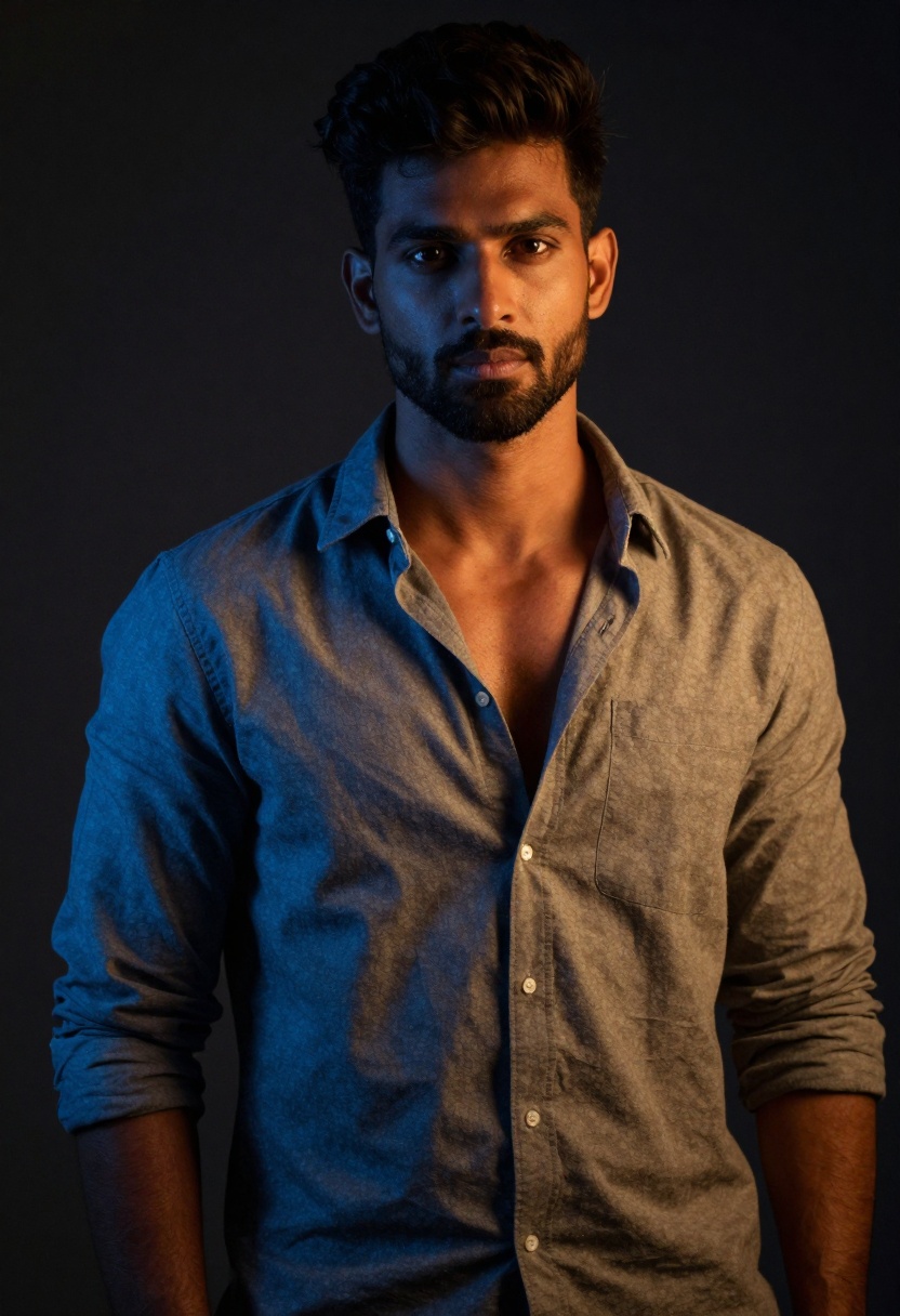 Moody editorial portrait with dramatic lighting