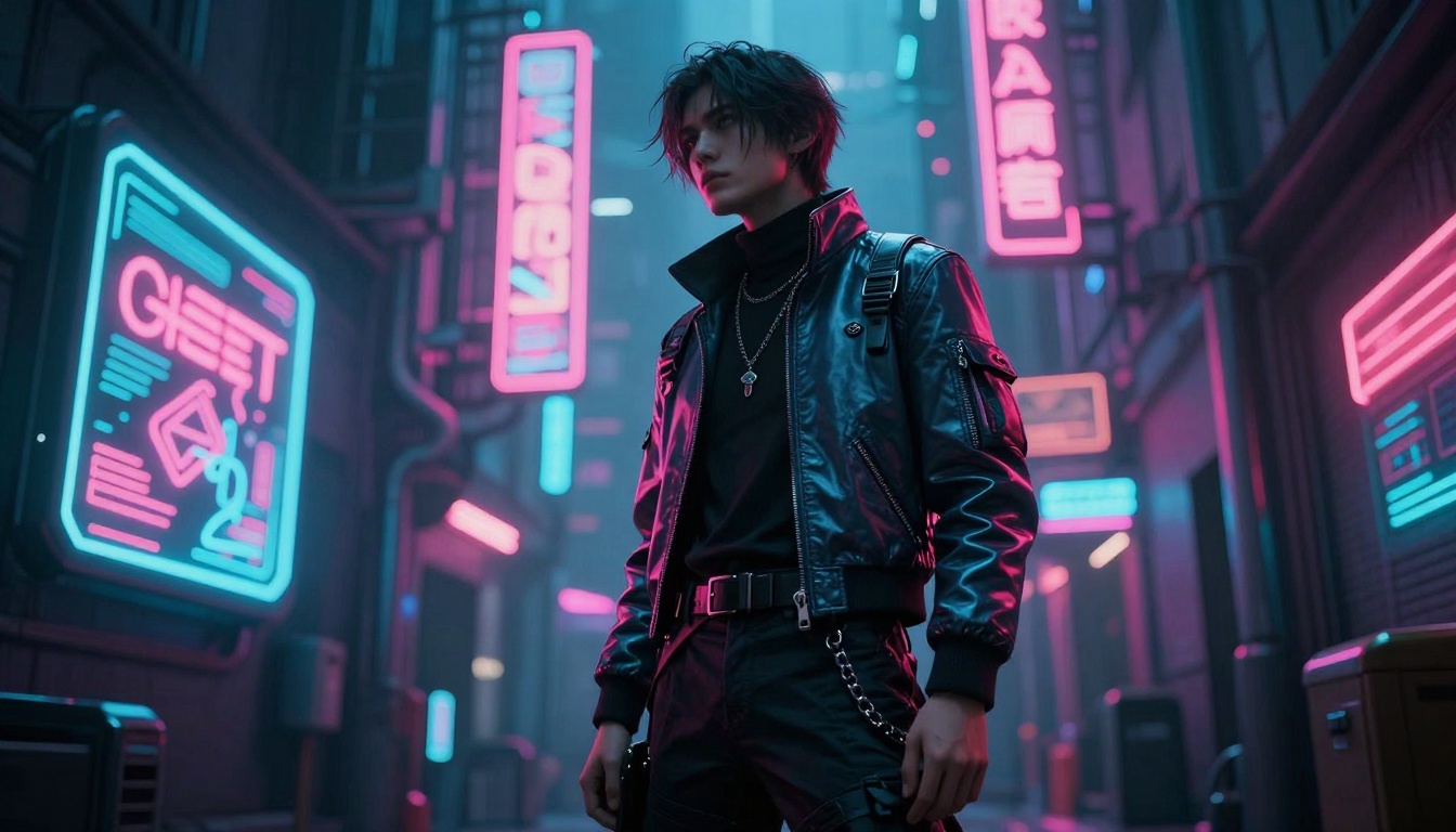 Cyberpunk character in neon-lit urban environment