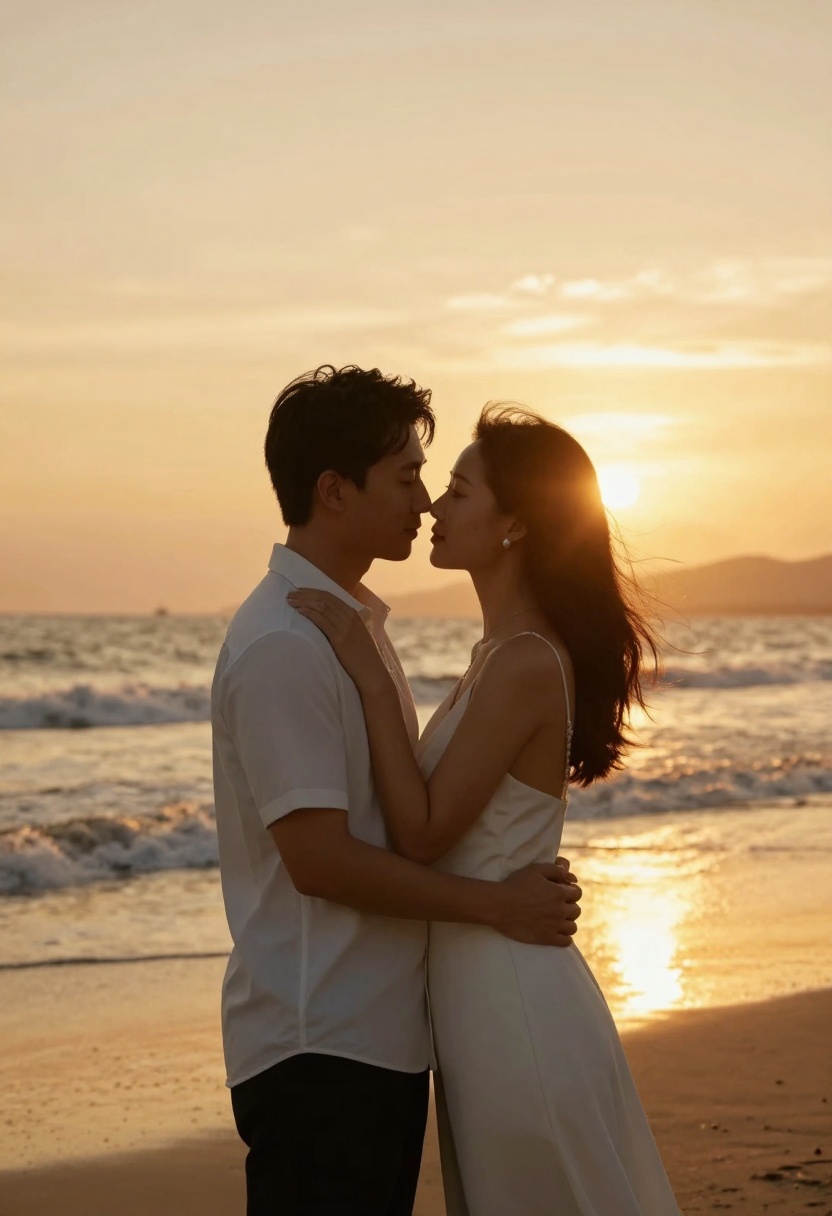 Romantic couple embracing during golden hour
