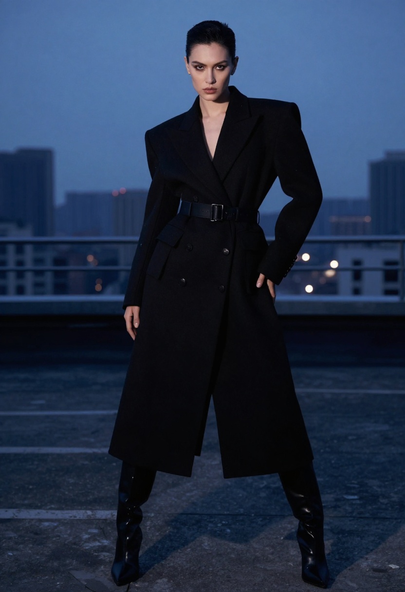 High-fashion editorial rooftop photoshoot at dusk