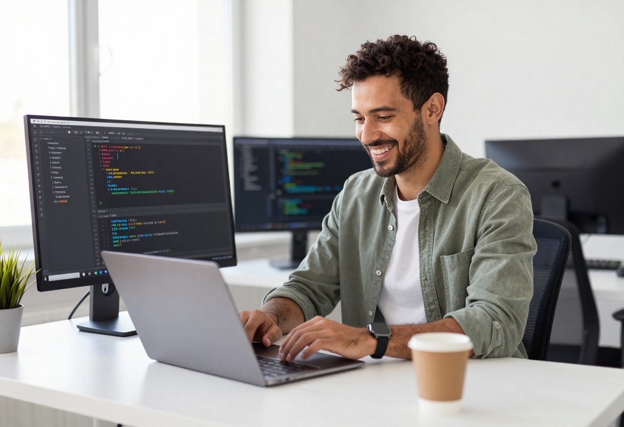 Happy developer working efficiently with AI coding assistant Happy developer working efficiently with AI coding assistant