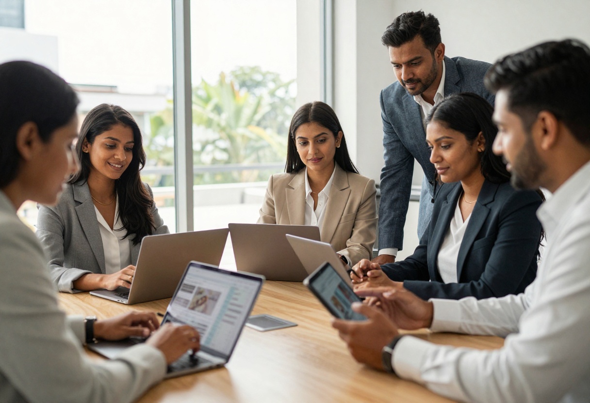 Business team collaborating with AI tools