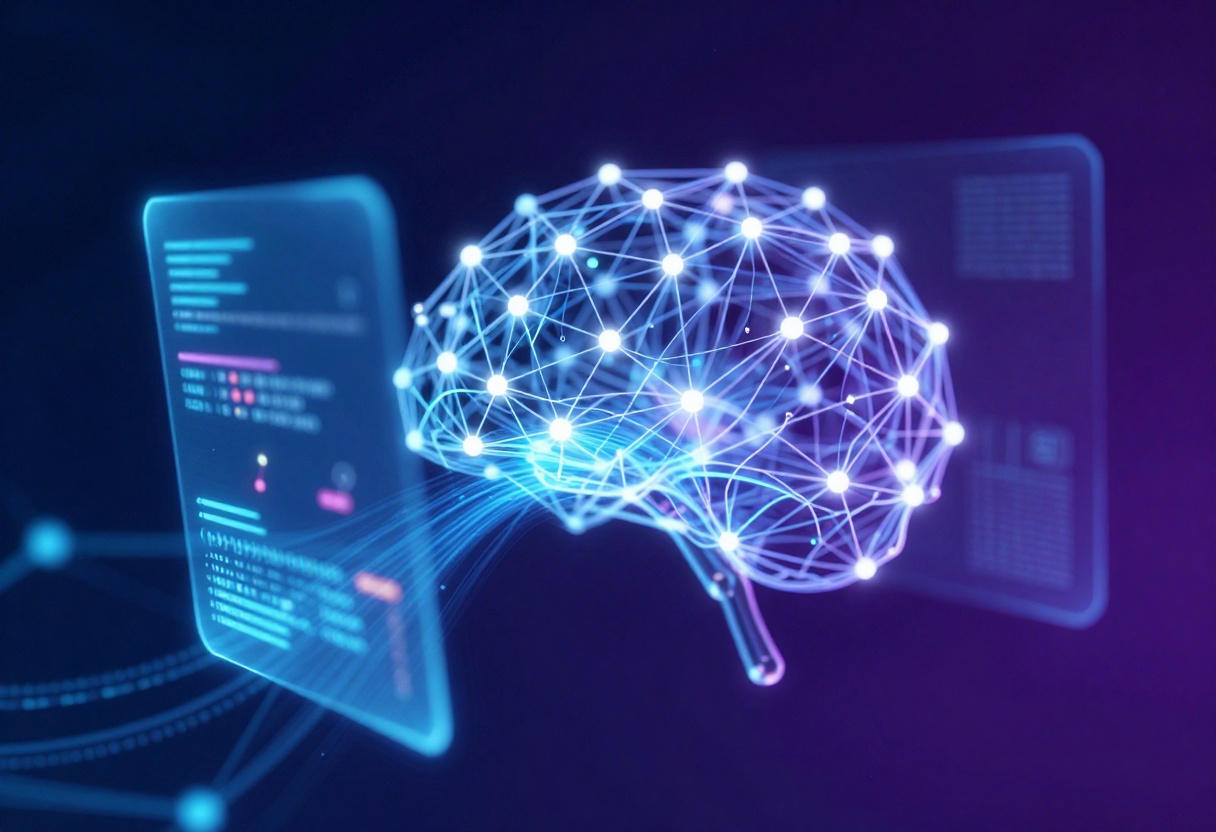 Futuristic neural network visualization showing model architecture and data flow