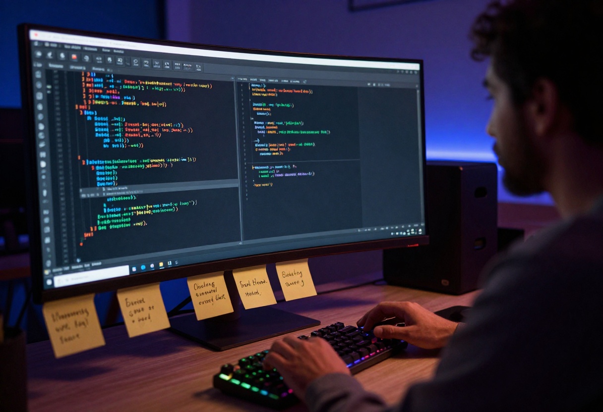 Software engineer debugging code on ultrawide monitor with terminal output