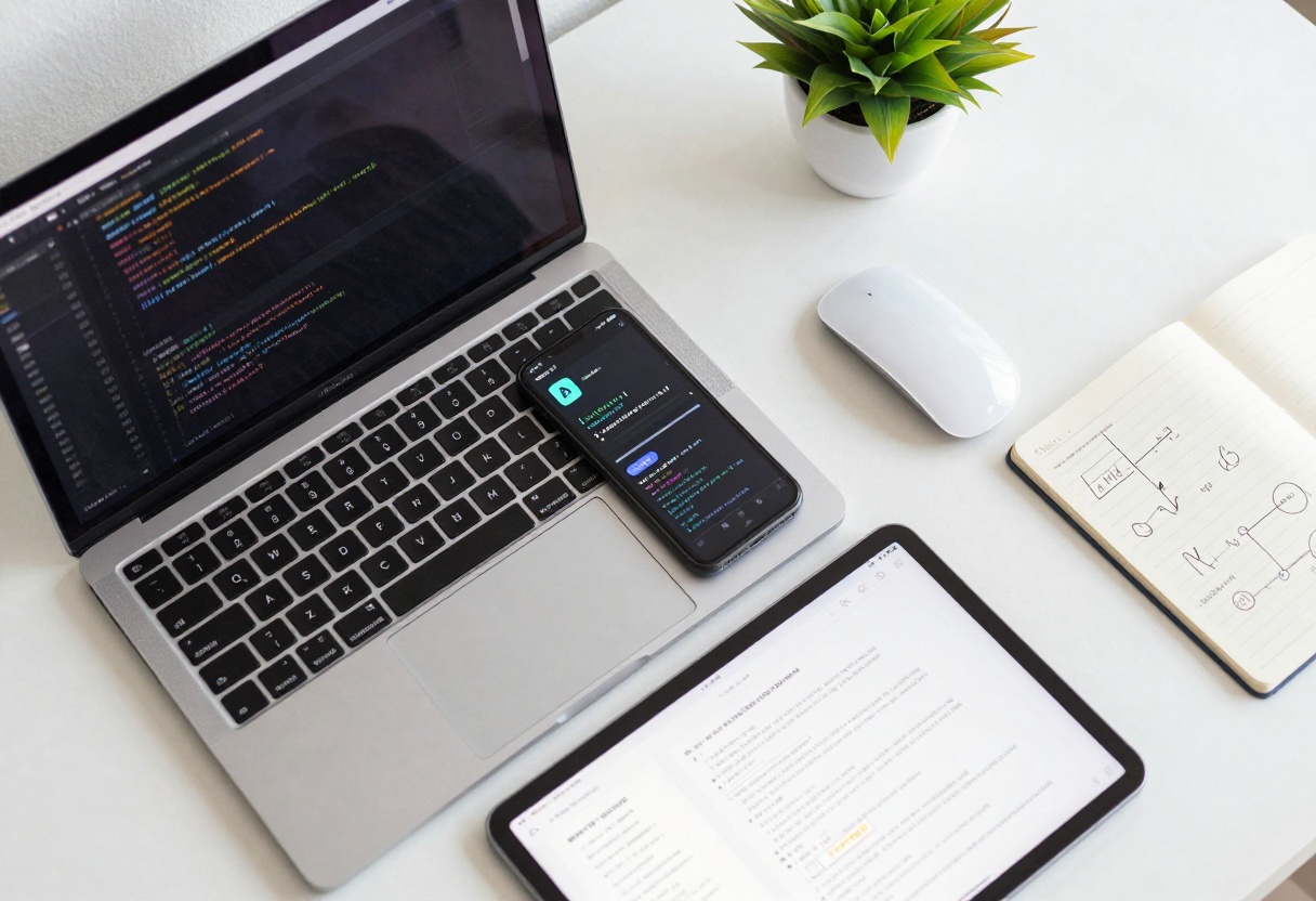 Developer workspace with multiple devices showing AI interfaces and code