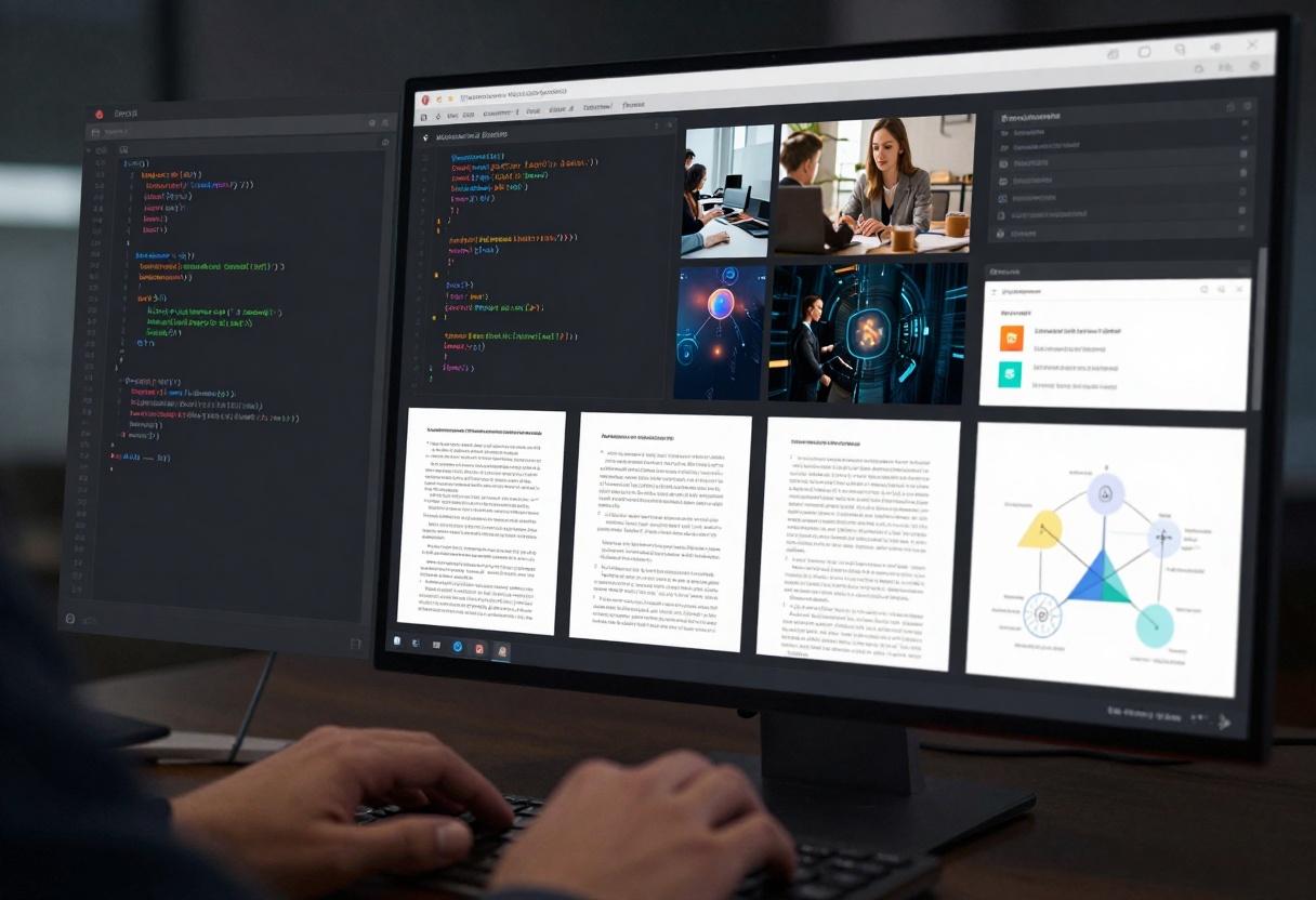 Computer screen showing AI interface processing code, images, and documents simultaneously