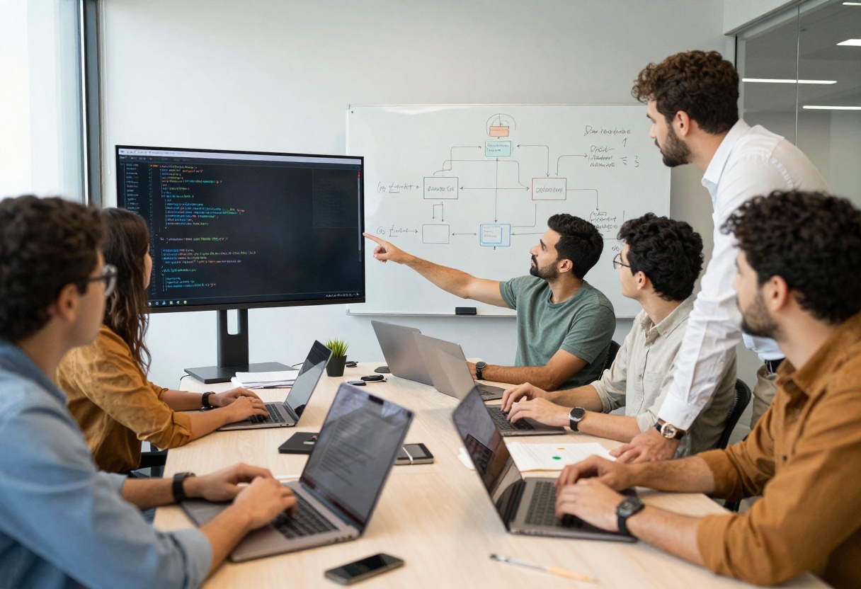 Team of developers collaborating with laptops and whiteboard in modern office