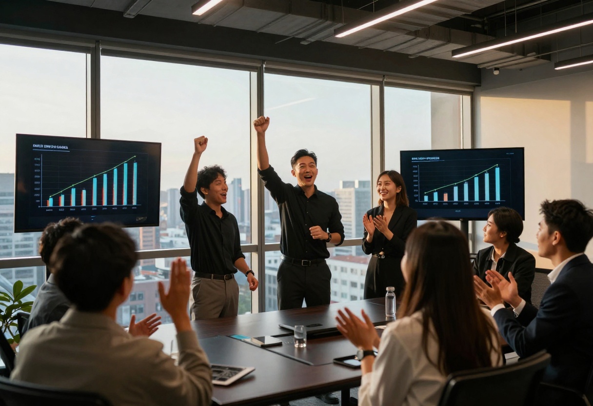 Successful startup team celebrating