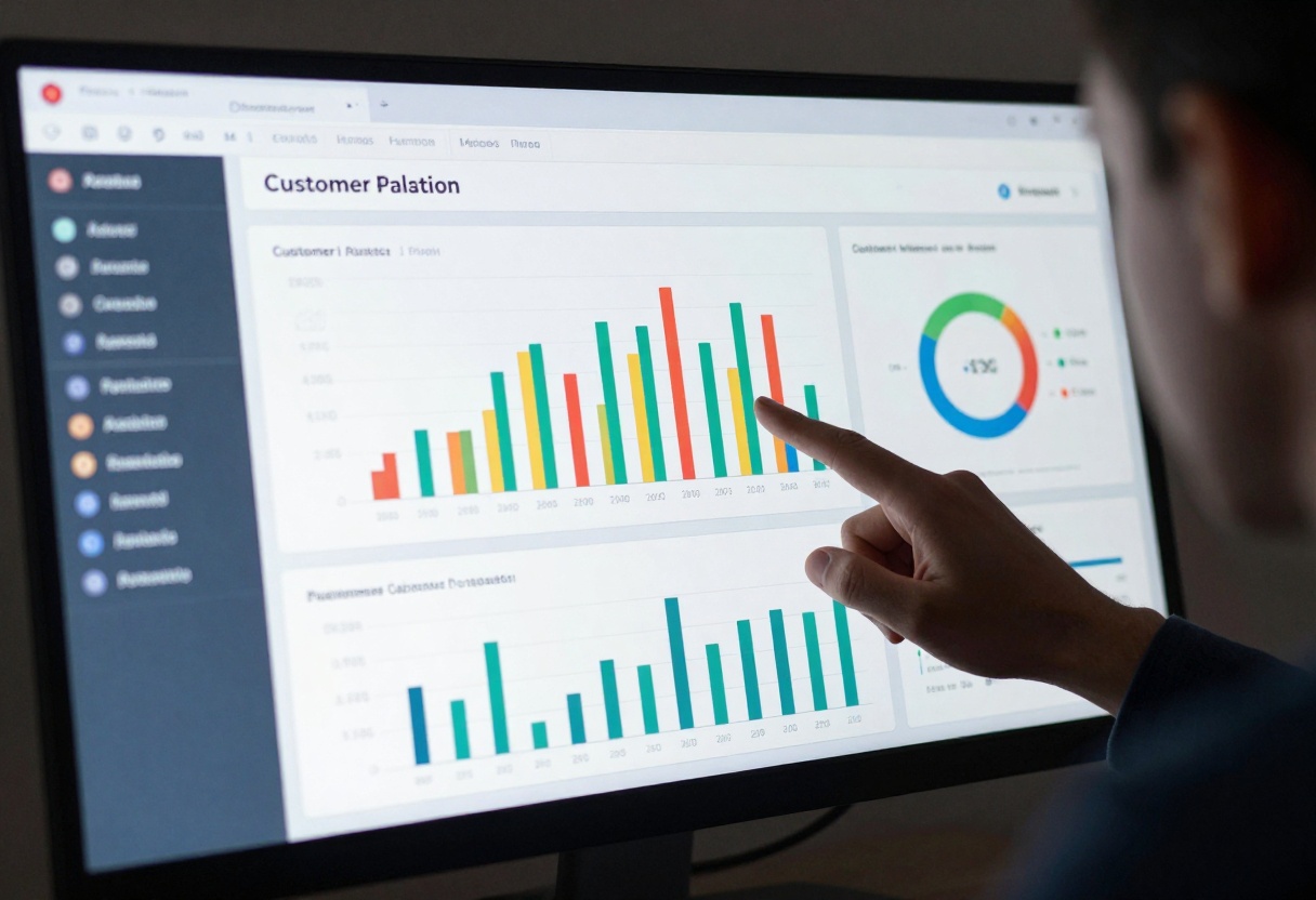 Dashboard displaying customer analytics and purchasing patterns, digital interface with data charts and graphs, modern business technology, cinematic lighting, photorealistic, 8k resolution, high detail, vibrant colors, professional photography