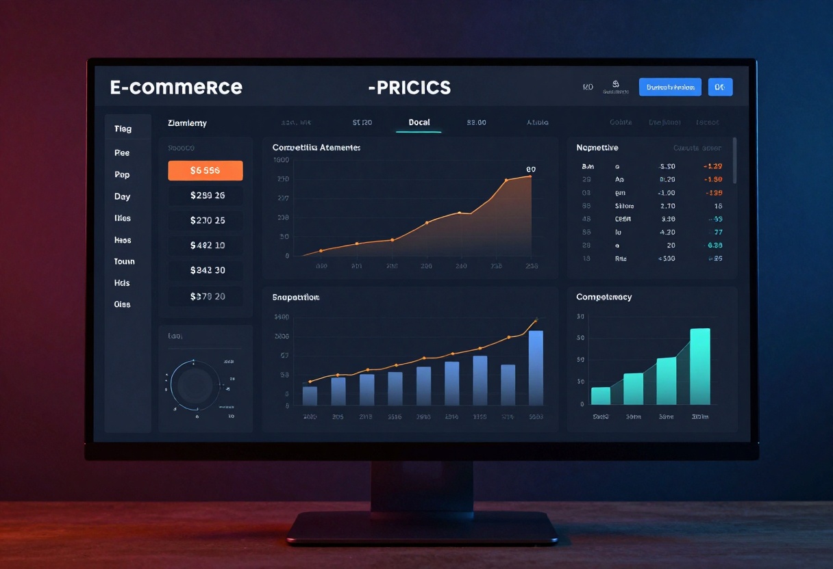 E-commerce pricing dashboard with dynamic price adjustments, real-time pricing algorithms, competitive analysis graphs, business intelligence interface, cinematic lighting, photorealistic, 8k resolution, high detail, vibrant colors, professional photography, modern tech aesthetic