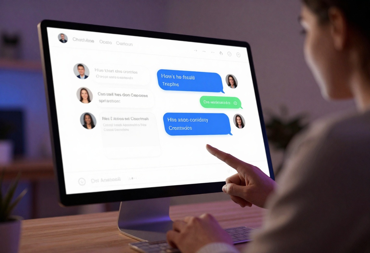 Modern chatbot interface providing customer support, AI assistant helping online shopper, conversational interface on computer screen, friendly chat bubbles, cinematic lighting, photorealistic, 8k resolution, high detail, vibrant colors, professional photography, engaging user experience