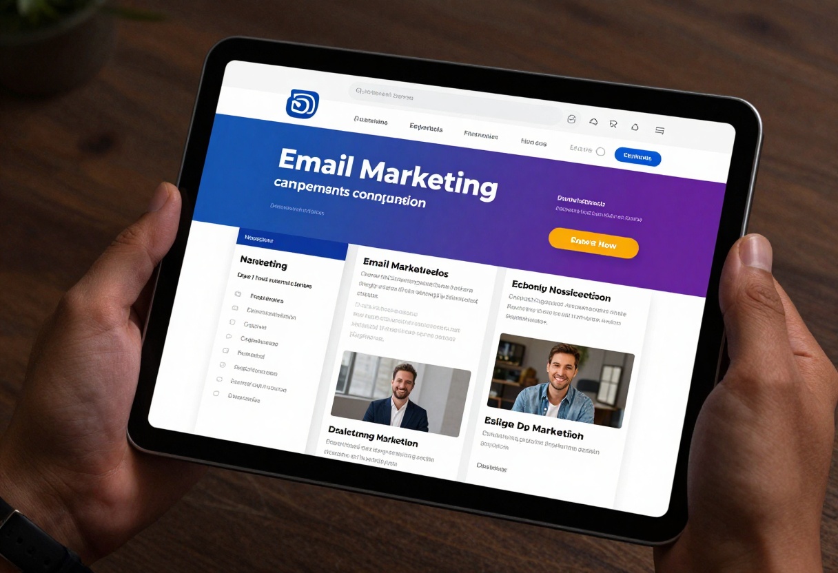 Email marketing campaign with personalized content, tablet displaying customized newsletter, targeted email templates, marketing automation interface, cinematic lighting, photorealistic, 8k resolution, high detail, vibrant colors, professional photography, digital marketing concept