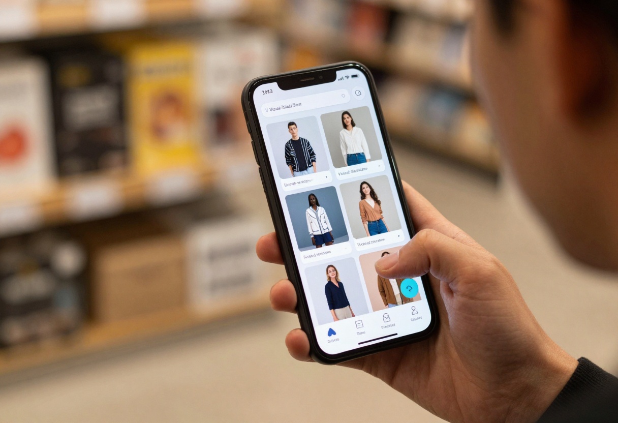 Customer using visual search on smartphone, camera scanning product to find similar items, AI-powered image recognition, shopping app interface, cinematic lighting, photorealistic, 8k resolution, high detail, vibrant colors, professional photography, innovative technology